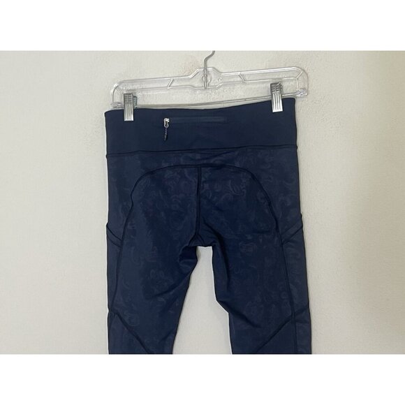 Lululemon Speed Tights Pants Lux Navy Blue Paisley Embossed Inkwell Ruched Sz 8 - Picture 6 of 13